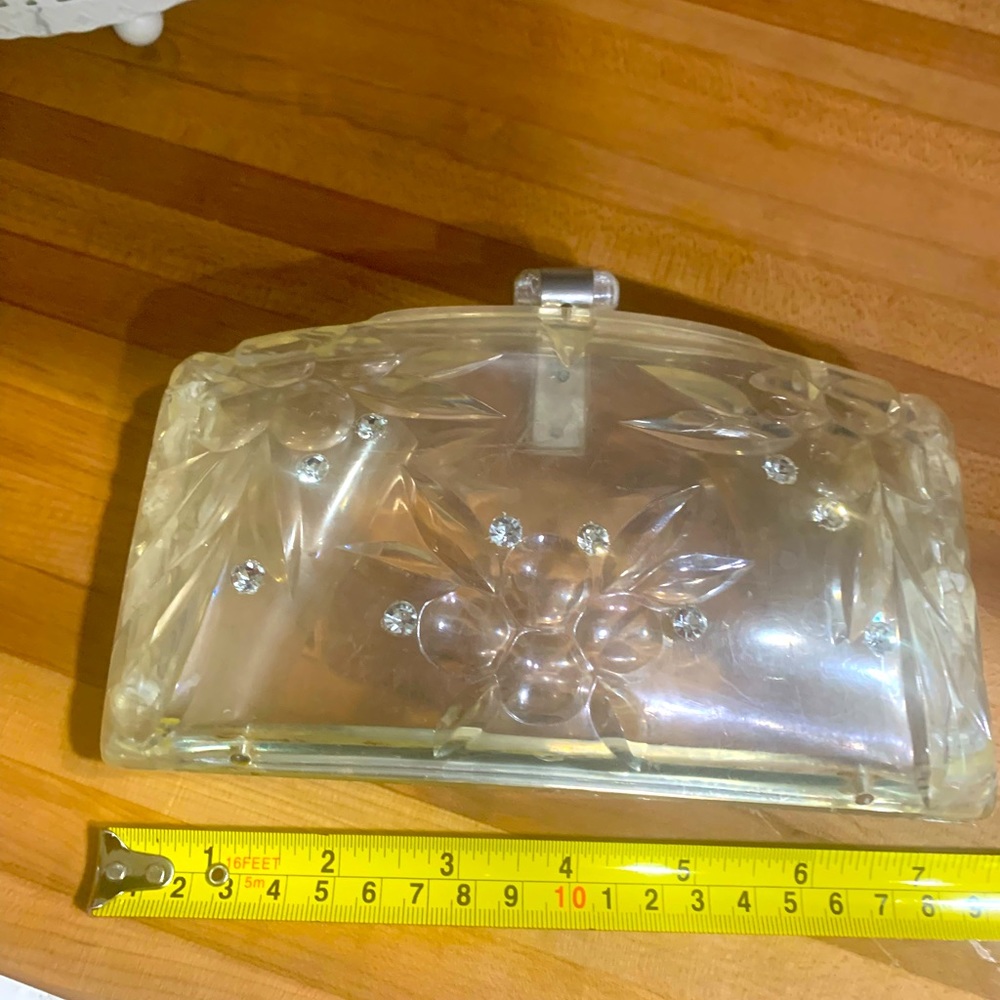 Vintage 1950’s Lucite Clutch, Clear, Floral Etched Evening Purse, Rhinestones